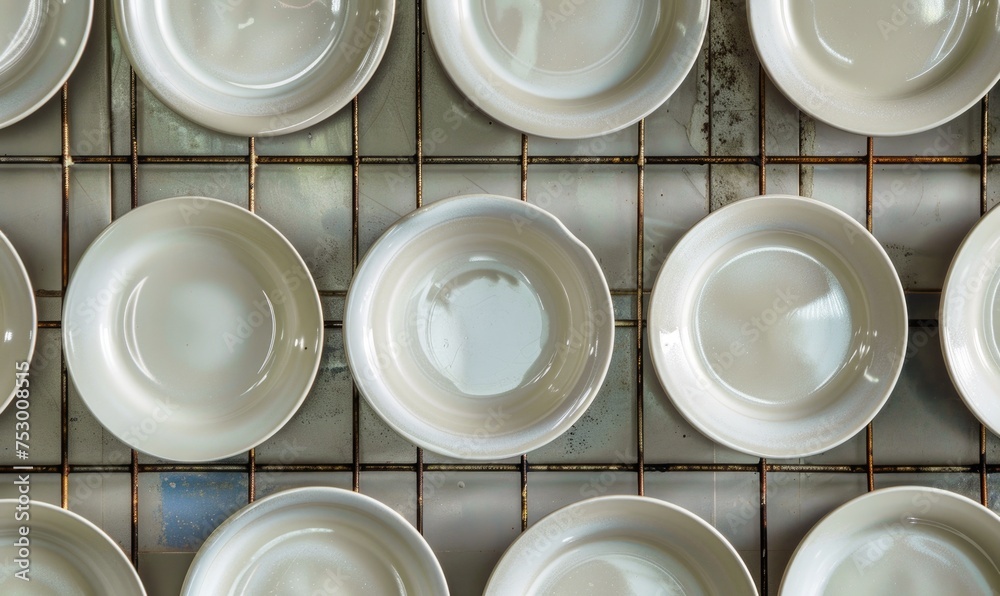 Ceramic tableware, top view of empty bowls and saucers Ceramic tableware, top view of empty bowls and saucers
