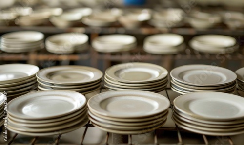 Ceramic tableware in a factory, closeup of photo