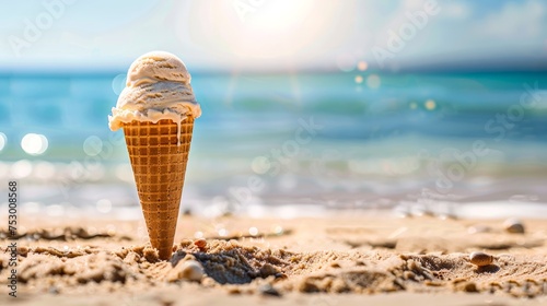 A delicious vanilla ice cream cone stands in the sand against a backdrop of sunny beach and clear blue sky