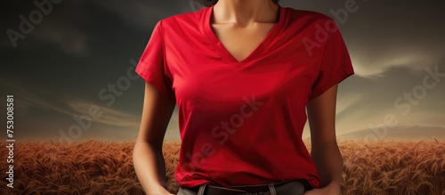 Vibrant Woman Embracing Nature in a Red Shirt Amidst Lush Green Field photo