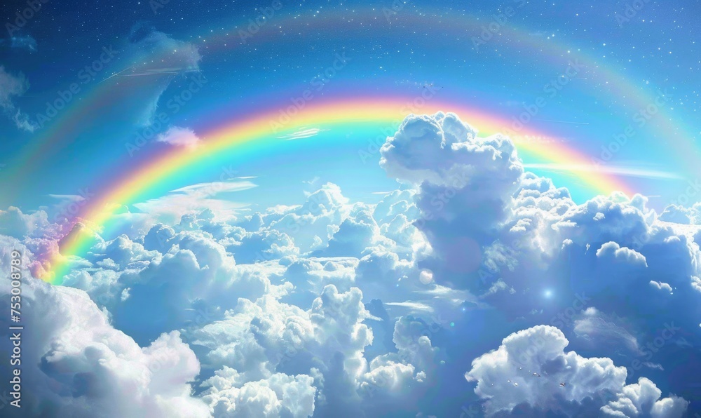 Rainbow in the blue sky with clouds and rainbow. 
