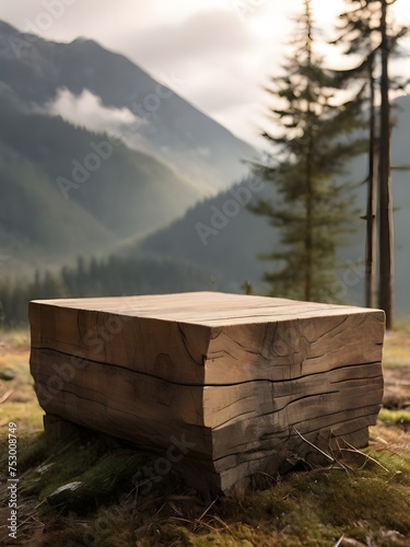 photo natural close up 3d podium with wooden table forest in mountains background 