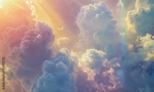 Sunset sky background with tiny clouds and rainbow, 
