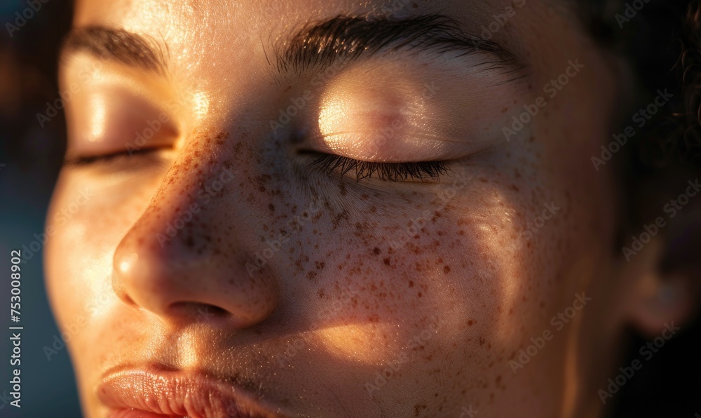Fototapeta premium Close up portrait of a beautiful young woman with freckles on her face