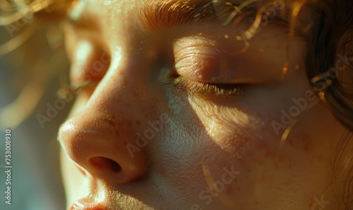 Close up portrait of a beautiful young woman with freckles on her face