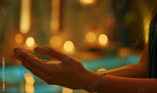 Close up of woman hands meditating with candle light in background.
