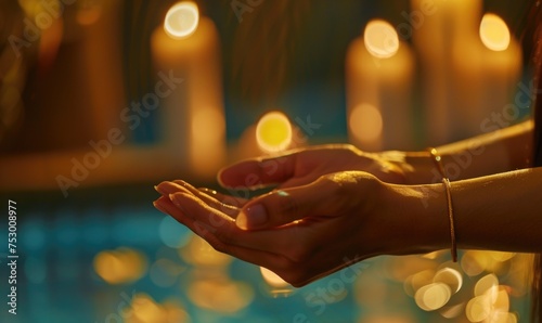 Close up of woman hands meditating with candle light in background. © TheoTheWizard