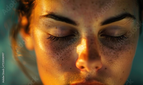 Close-up portrait of a beautiful girl with freckles on her face