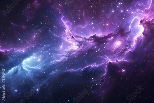 A stunning violet and blue galaxy with a plethora of stars shining like clouds in the sky, creating an otherworldly atmosphere reminiscent of a beautiful astronomical art piece