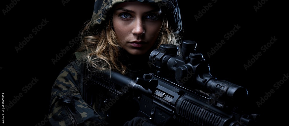 Confident woman in camouflage attire with rifle looking ahead in a forest setting Confident woman in camouflage attire with rifle looking ahead in a forest setting