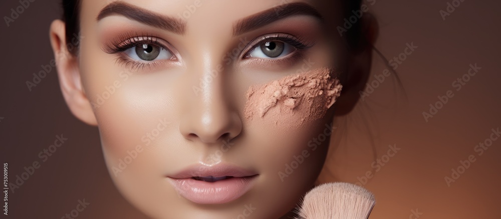 Confident female makeup artist applying foundation with a brush in professional beauty salon