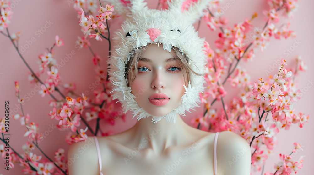 Fototapeta premium Young model in a white coloured easter costume with grasses in the background, Generative AI