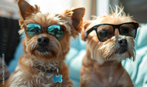 Two dogs sitting in sun glasses and looking at the camera. Close-up. © TheoTheWizard
