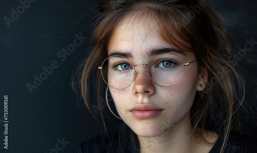 Close up portrait of beautiful young woman with long hair and glasses.