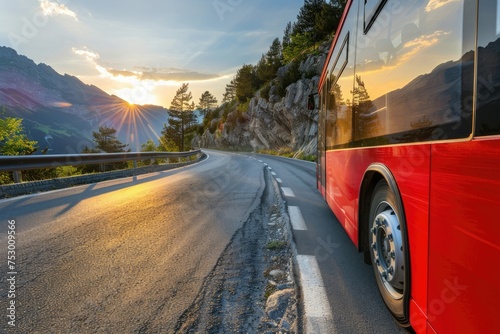 close up of large comfortable passenger bus riding on the highway at sunset with copy space