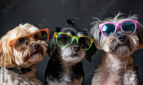 Group of dogs with sunglasses on a black background. Studio shot. © TheoTheWizard