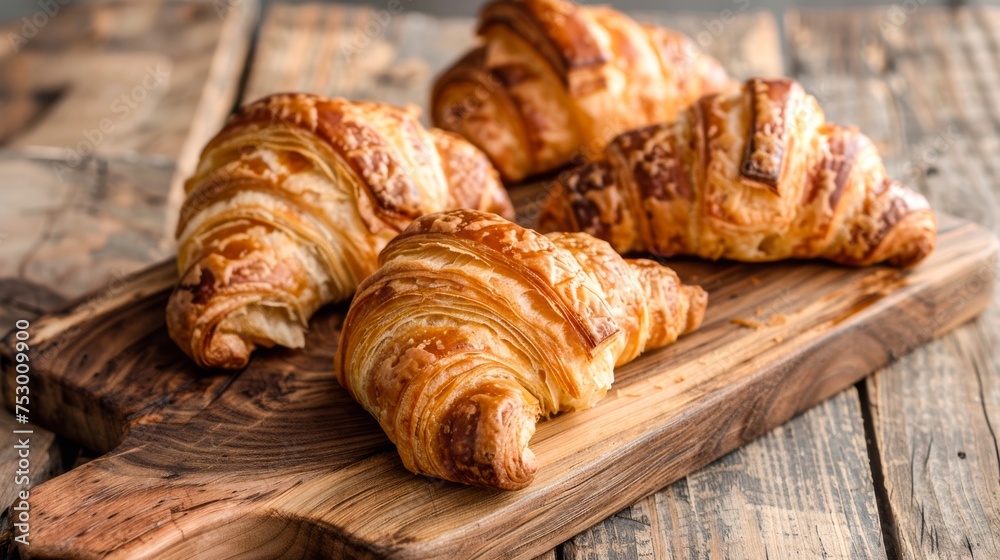 Golden croissants arranged on a rustic wooden board, captured from above showing the flakiness and texture