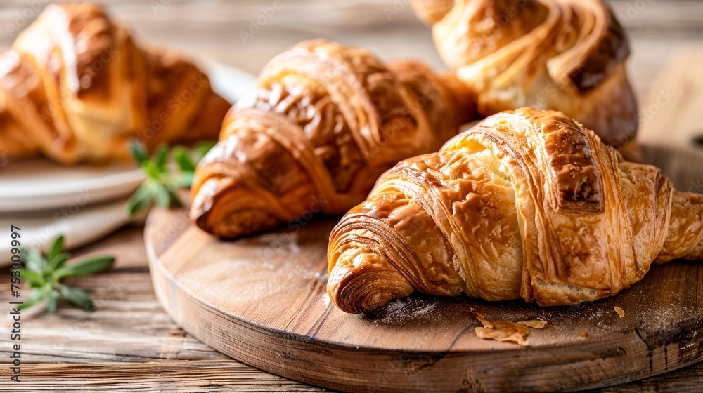 Perfectly golden croissants on a round chopping board, focus on layers and golden color Perfectly golden croissants on a round chopping board, focus on layers and golden color