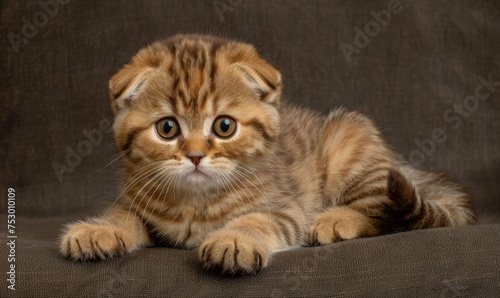 Cute scottish fold kitten lying on the bed at home