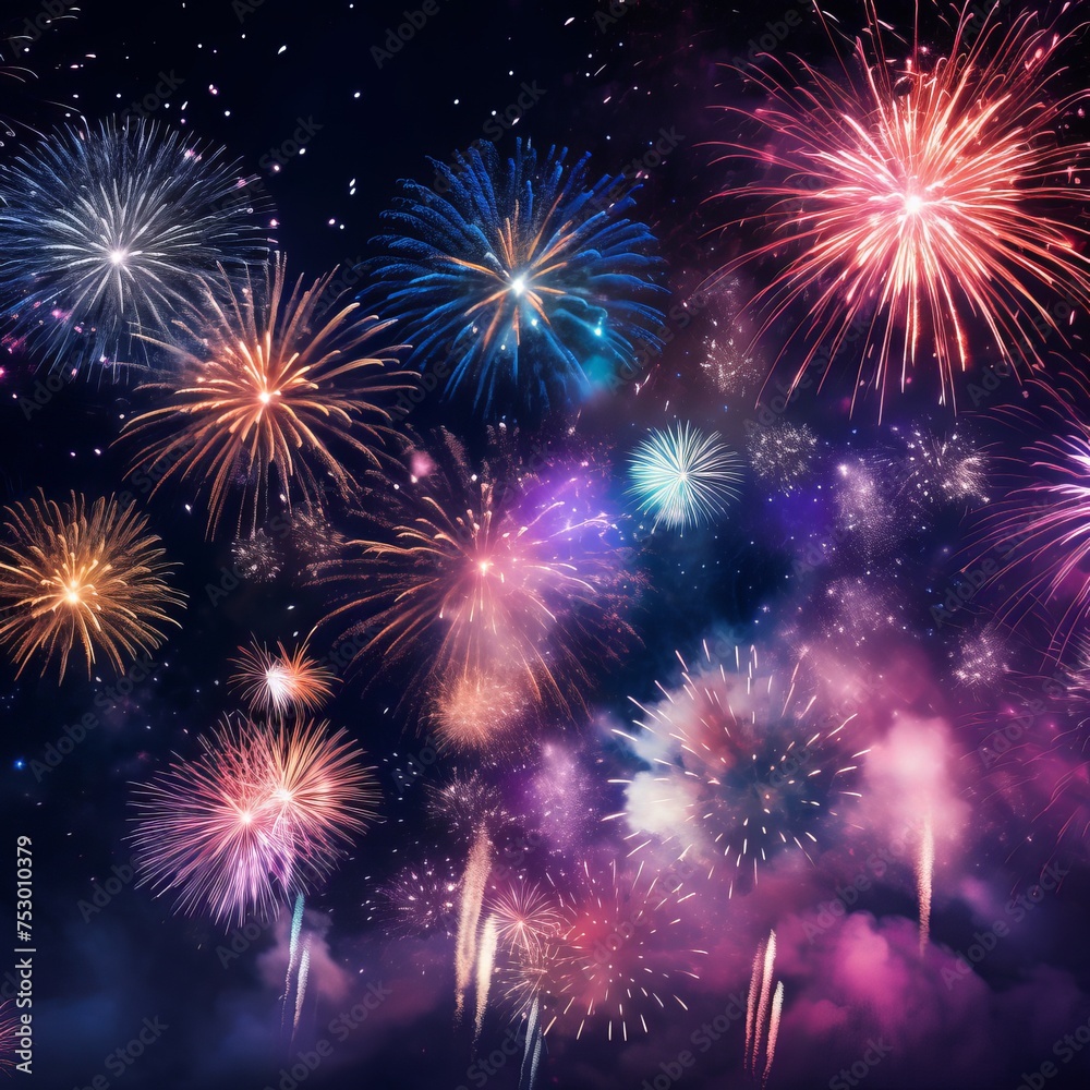 Colorful fireworks in front of a black night sky.