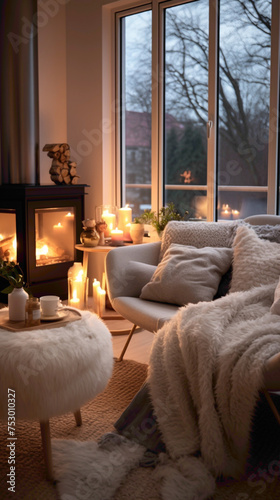 A cozy Scandinavian living room with a warm and inviting atmosphere. The space features a mix of natural materials, such as wood and rattan, paired with soft textiles, warm lighting, and a fireplace.