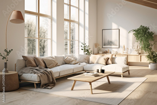 A cozy Scandinavian living room bathed in natural light, featuring minimalist furniture and neutral tones. © INAYAT