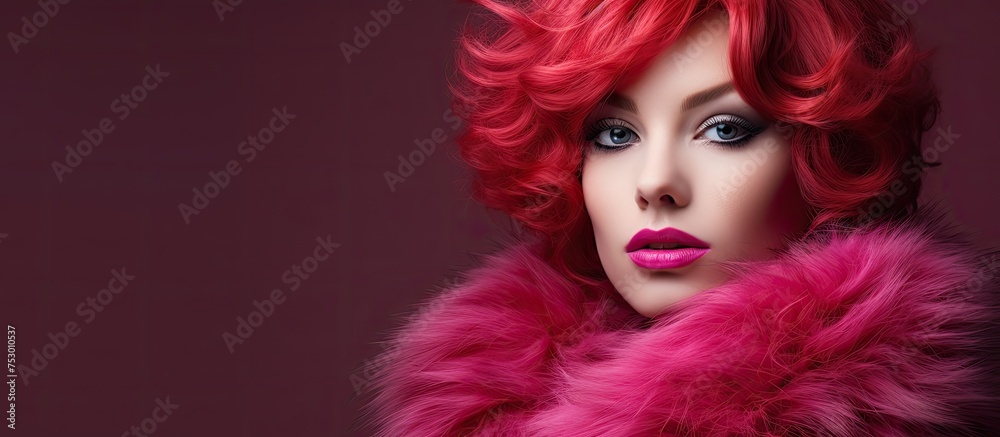 Glamorous Redhead Woman Struts in Pink Faux Fur Coat on Urban Street