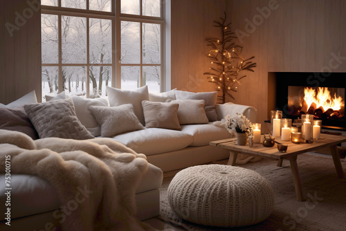 A cozy Scandinavian retreat with a focus on hygge, featuring soft throws, candles, and comfortable seating.