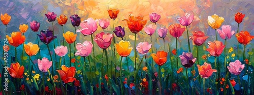 multicolored tulip garden,painting of bold brush