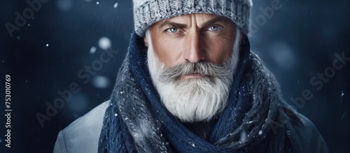 Mysterious Man with a Beanie and Beard Posing Dramatically in the Winter Snow