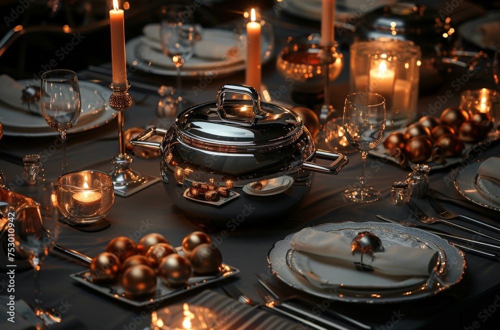 Naklejka premium Luxurious and detailed table setting prepared for an exclusive festive dining event in dim light