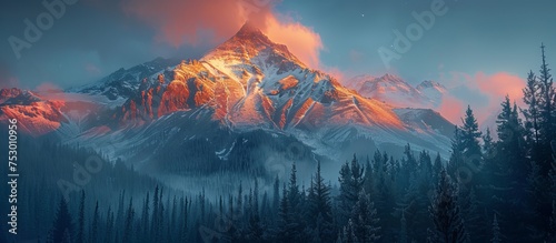 The twilight sky illuminates a snowy mountain peak and dense forest with a mystical glow.