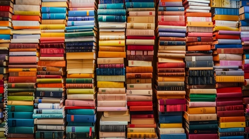 A vibrant collection of stacked books filling the entire frame, showcasing an array of colors and sizes photo