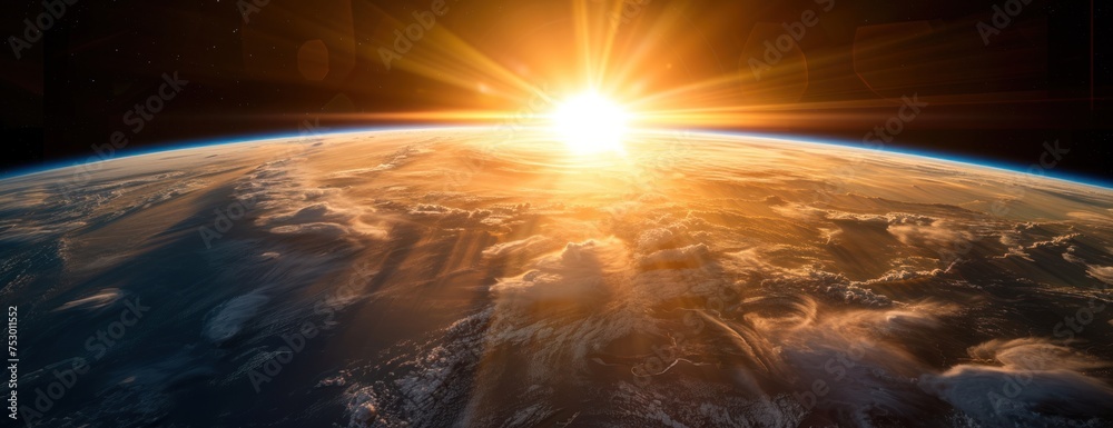 sunrise view of the planet earth from space with the sun setting over the horizon 