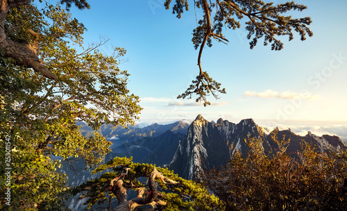 View of Huashan National Park mountain landscape at sunset, China.