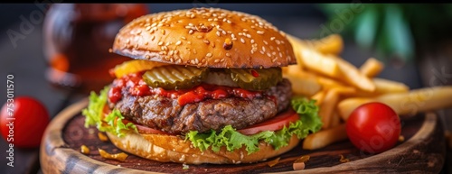 burger with tomateoes lettuce and pickles on a wooden plate and friest at the back 