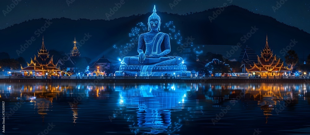 Lit Buddha Statue in Tranquil Night Lake, To evoke feelings of spirituality, peace, and contemplation in the viewer