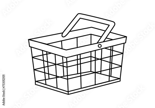 Hand drawn cute outline illustration of empty shopping basket. Flat vector store purchase container sticker in line art doodle style. Grocery market or e-commerce icon with outline elements. Isolated.