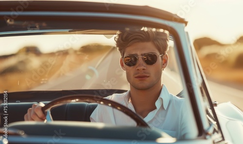 Professionalism of a businessman on the go with a photo of a young man driving a business car