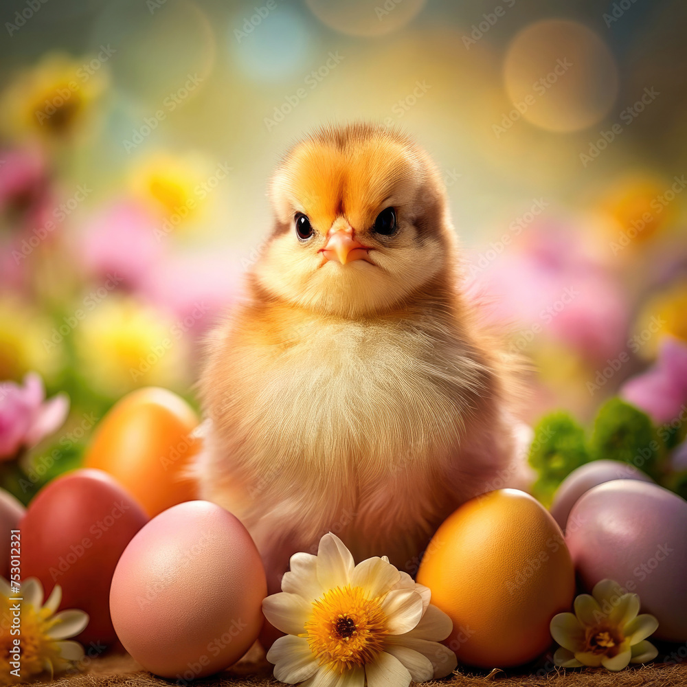 Yellow chick surrounded by eggs on spring meadow or field with green grass with flowers. Easter concept for banner, flyer or poster.