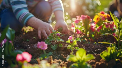 Close-up of a child's hands gently planting flowers in rich garden soil, illuminated by warm sunlight.