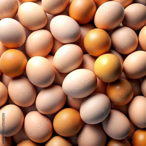Background with brown eggs. Closeup, top view. Heap of eggs
