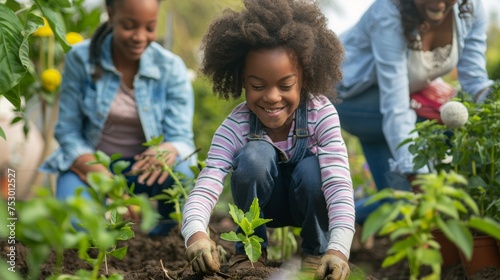 A smiling young girl with curly hair plants a seedling in a community garden, with fellow gardeners working in the background.