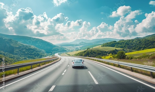 Open road with a scenic photo of a car driving on a European highway, surrounded by beautiful summer landscapes