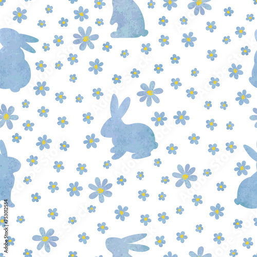Easter watercolor pattern with bunny silhouettes and flowers. Vector spring background