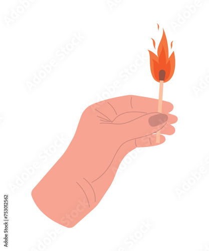 Human hand holding a lighted match. Vector illustration of a woman's hand with a burning match.