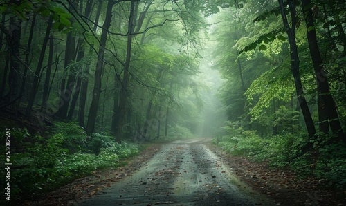 Beauty of the season with of a forest road shrouded in fog, the raindrops glistening on the leaves in the soft light of spring