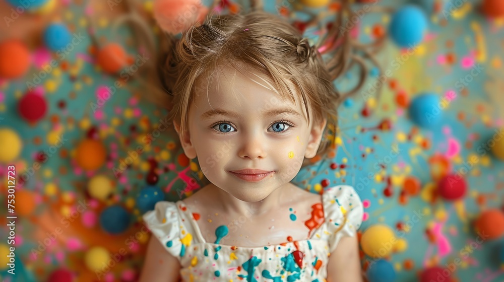 Bright-eyed girl in a paint-splattered dress, a masterpiece of innocence and play, surrounded by a burst of colors.