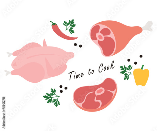 Set of various raw meats: Beef tenderloin, pork knuckle, steak. Beef tenderloin. The elements for frying meat are allspice, hot pepper, sweet pepper. Vector illustration in a flat style.