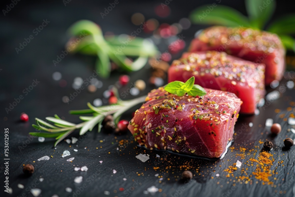 Fresh tuna fillet steaks with spices and herbs on a black background. Preparing tuna for baking